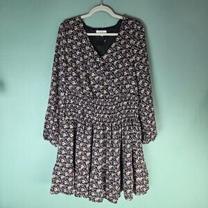 THML Dress Womens Large Black Smocked Waist Floral Print Long Sleeve V-Neck